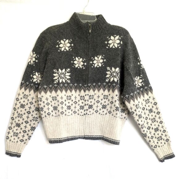 Valerie Stevens L Lambswool Angora Full Zip Cardigan Snowflake Fair Isle Holiday - Picture 2 of 16
